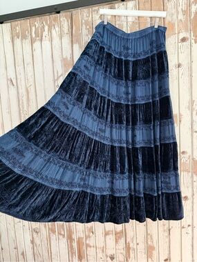 Velvet Tiered Maxi Skirt in Blue - Rayon, Women's Full-Length Skirt, Large Tall